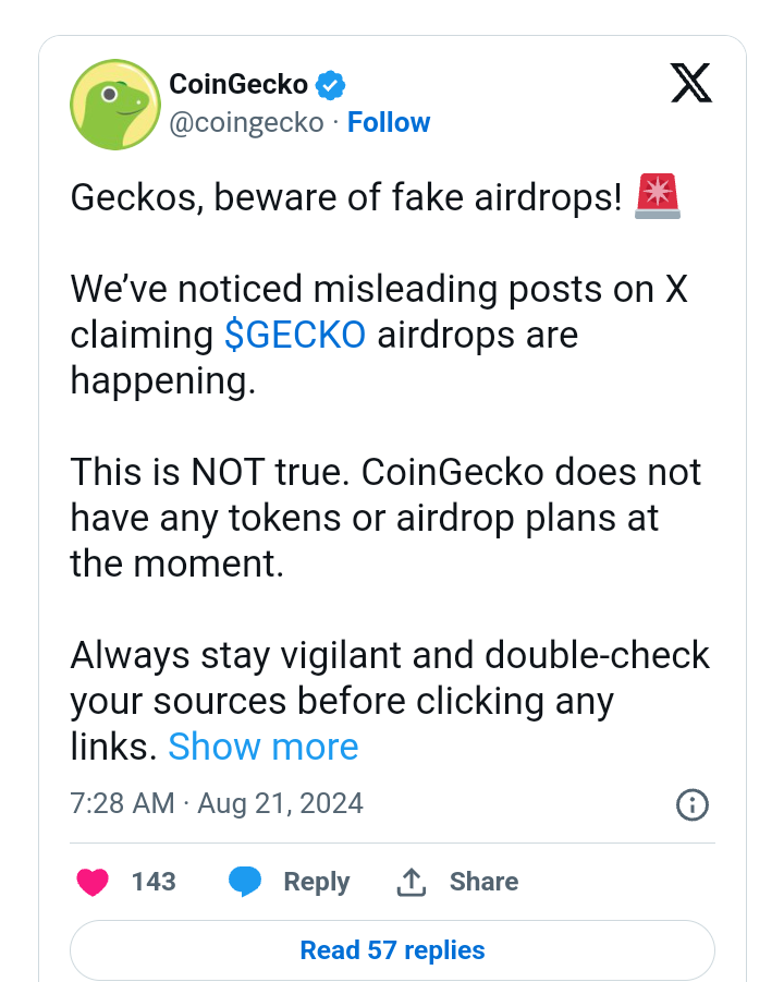 CoinGecko Warns Against Fake GECKO Airdrops Flooding Social Media