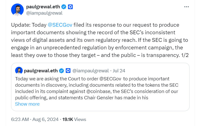 SEC Rejects Coinbase's Discovery Requests as SEC vs Coinbase Regulatory Clash Intensifies 