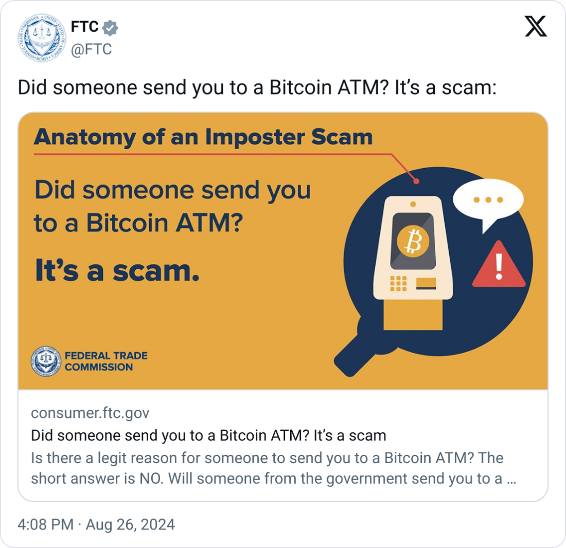 Bitcoin ATM Scams Surge to 1,000% Since 2020 — FTC