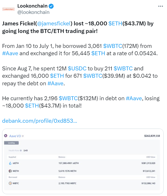 Ether-Bitcoin Trading Bet Leads to $43 Million Loss for Crypto Millionaire James Fickel