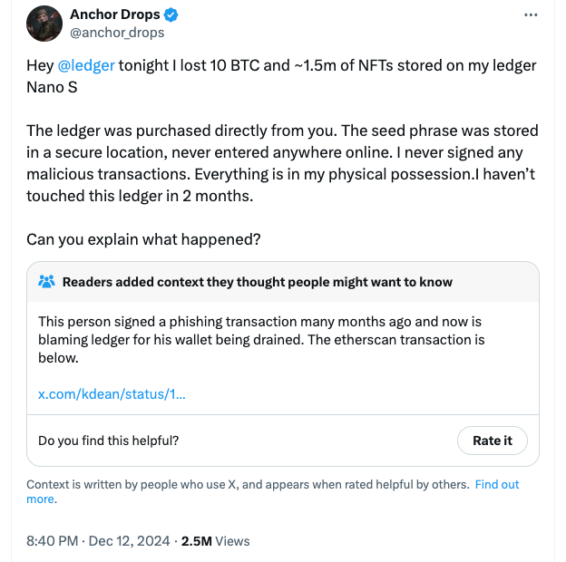 X user Anchor Drops claimed he lost 10 BTC and $1.5 million in NFTs stored on Ledger. Source: Anchor Drops