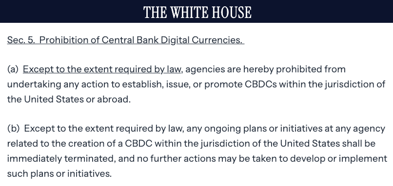 An excerpt from the EO on “Strengthening American leadership in digital financial technology.” Source: White House