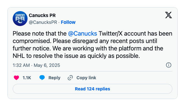 Vancouver NHL Canucks X account hacked 