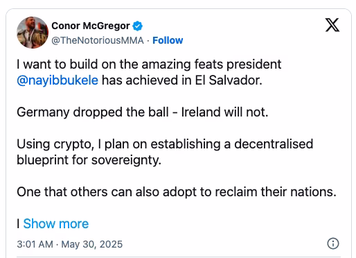 Conor McGregor bets on Bitcoin for Irish sovereignty amid global economic shakeup