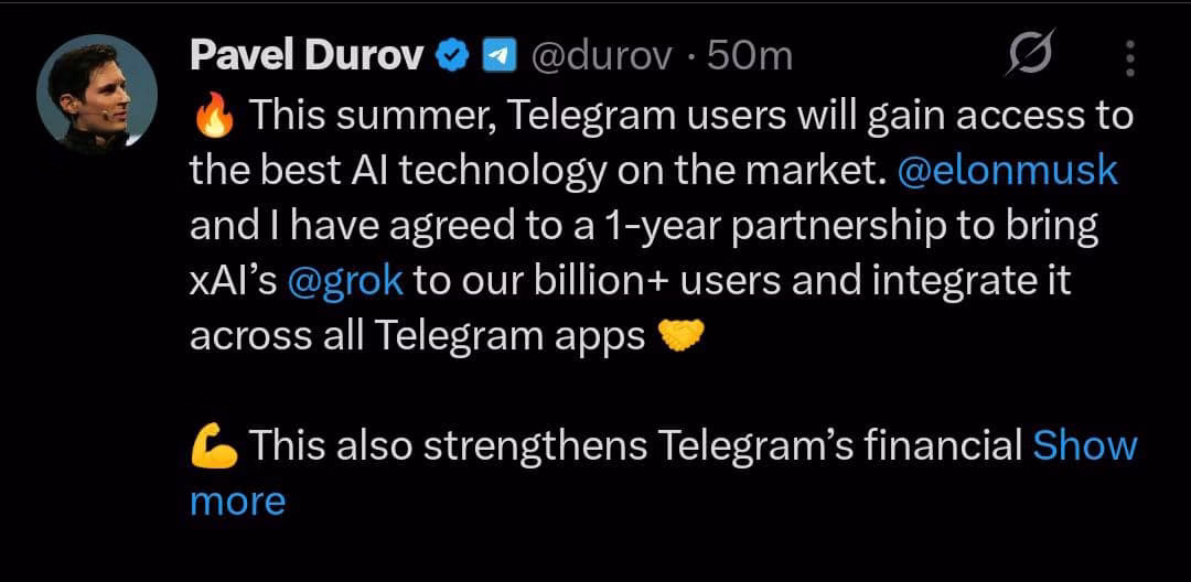 Pavel Durov announces a $300M Grok AI Telegram partnership, TON token surges 18%