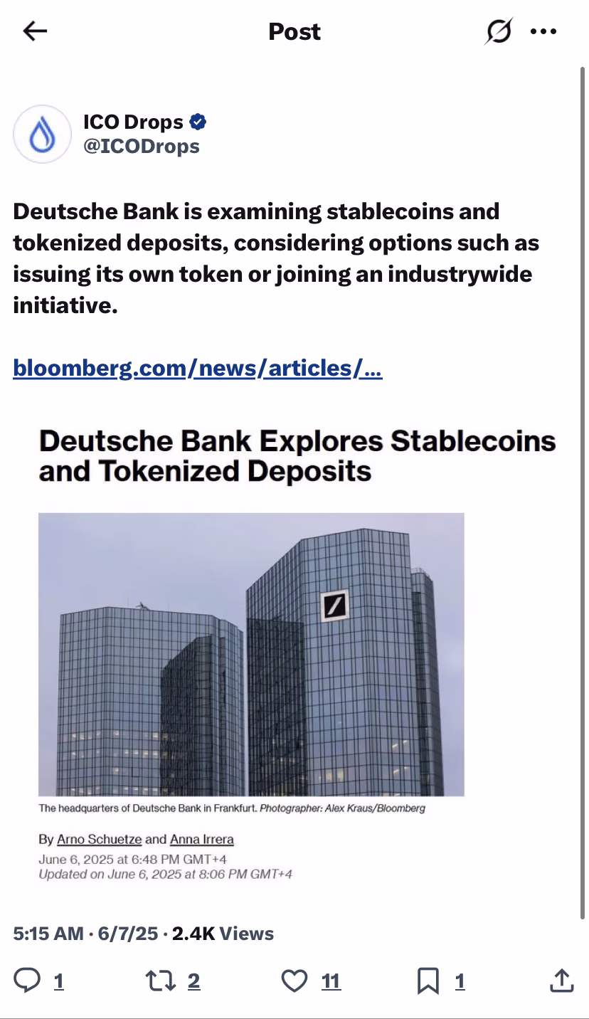 Deutsche Bank is making a bold push into the digital assets space | Source: X/ICODrops