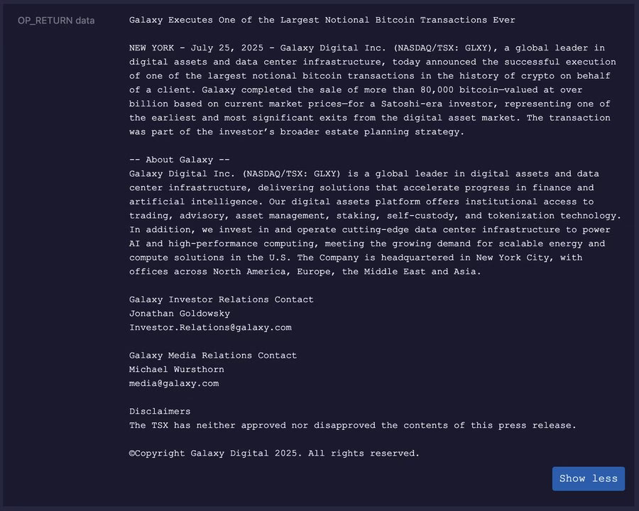Galaxy Digital’s Embedded Message on Bitcoin Network. Source: Mempool