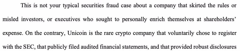 An excerpt from Unicoin’s opening argument in its motion to dismiss.