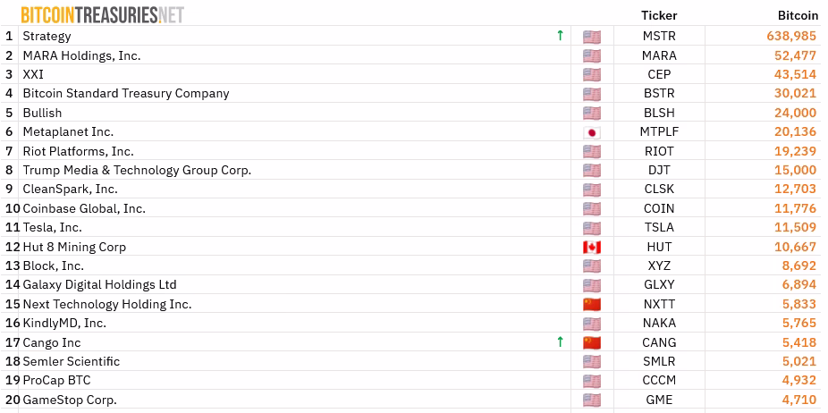 Top 20 corporate Bitcoin treasury firms by BTC holdings.