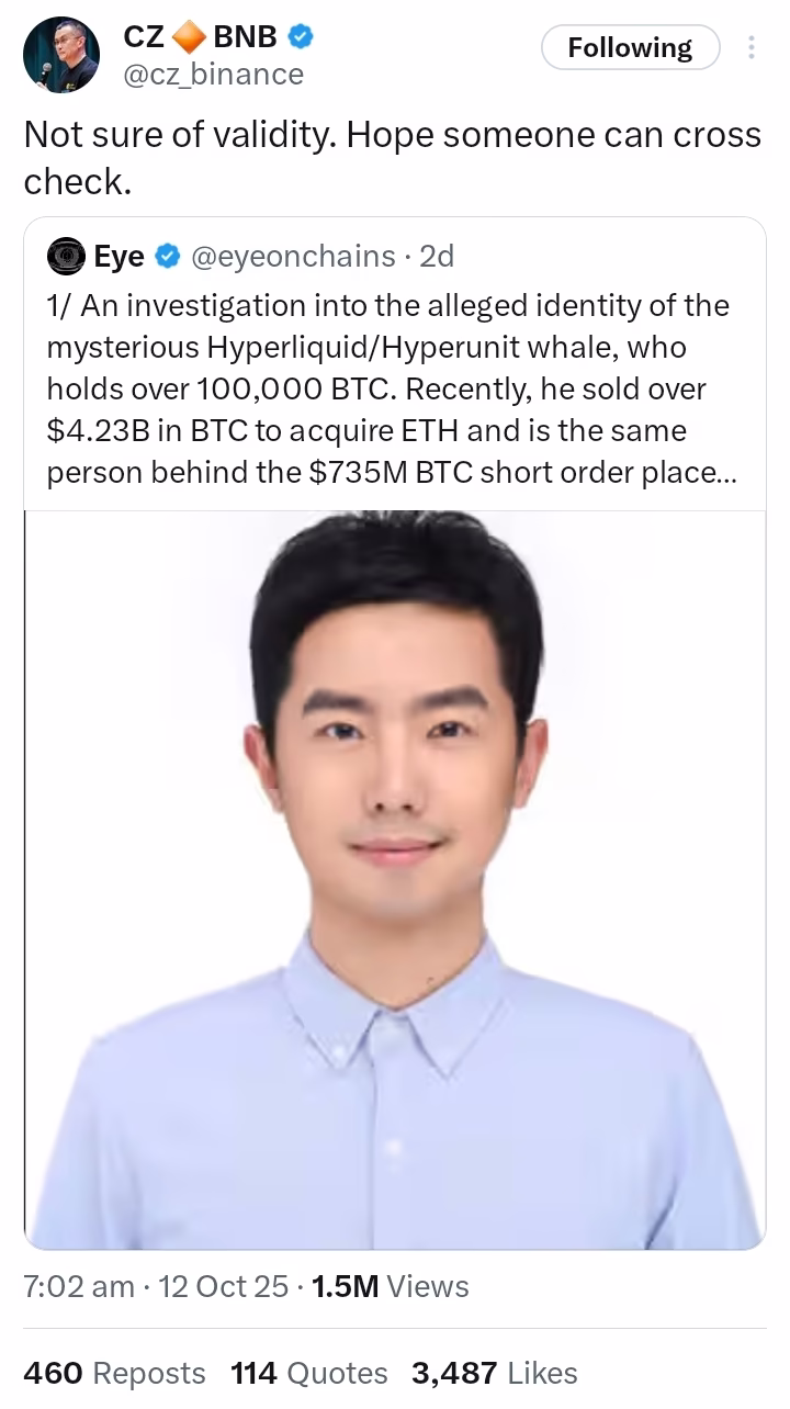 “Not sure of validity. Hope someone can cross check,” — Changpeng Zhao, Founder, Binance, in a post on X. https://x.com/cz_binance/status/1977253489995579689?t=8W_JzCcY2Y_E4pbCnlQ_aA&s=19
