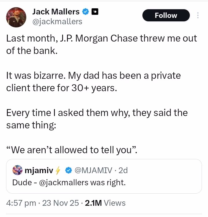Jack Mallers complains about JP Morgans on X