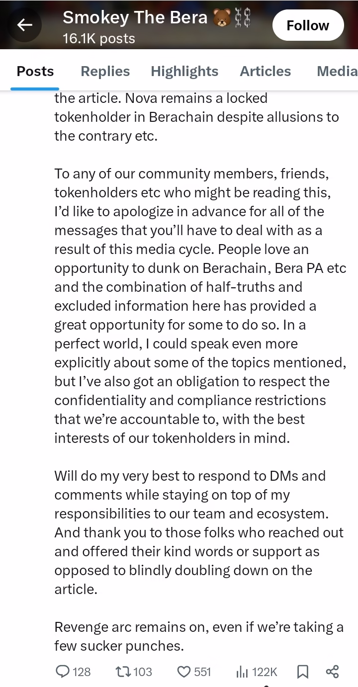“The report was inaccurate and incomplete and Brevan’s investments involve several complex commercial agreements, but they participated in the Series B fundraise on the same paperwork as all investors,” — Smokey The Bera, founder of Berachain.