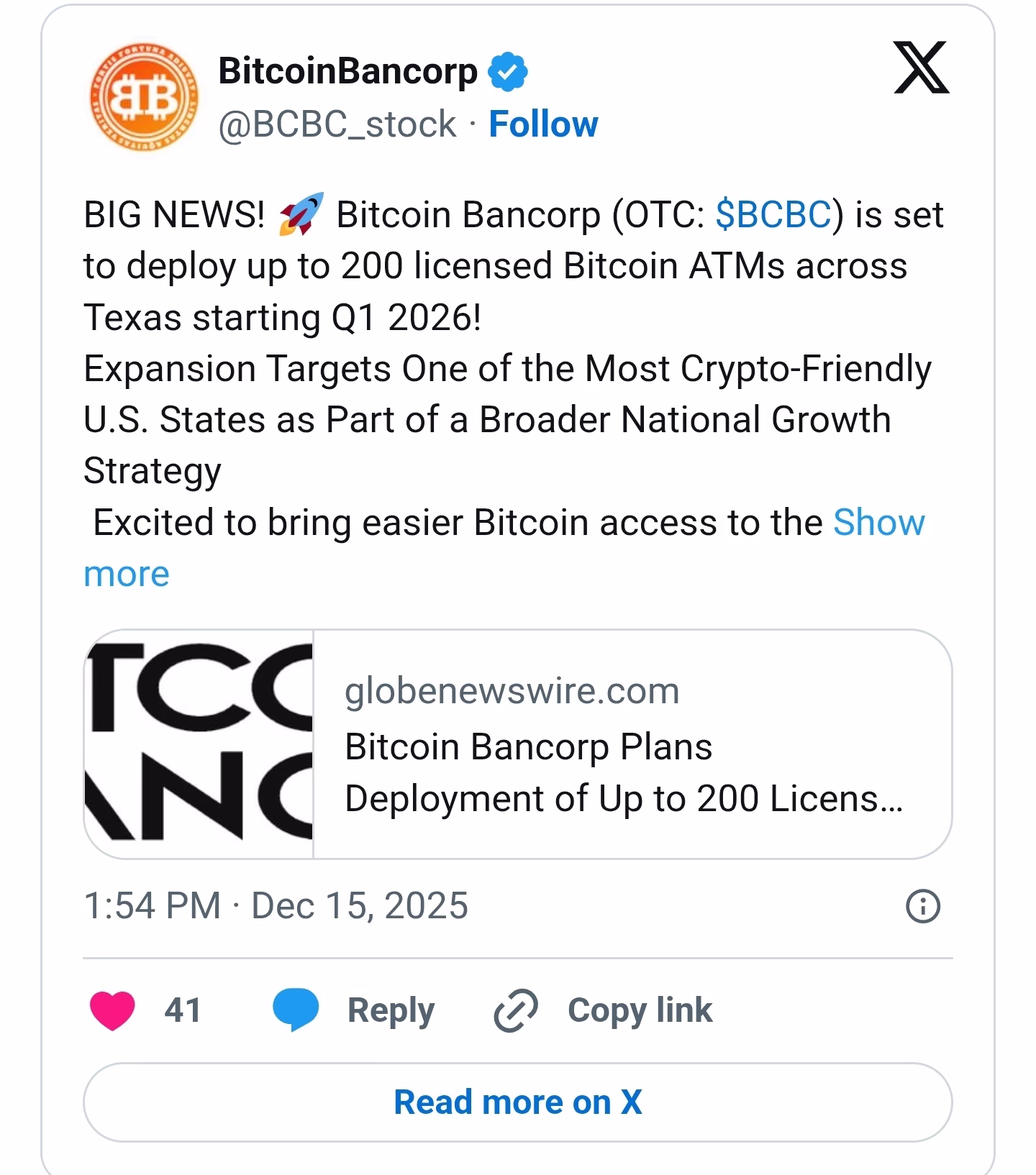 Bitcoin Bancorp targets Texas with 200 ATMs in nation's largest crypto market