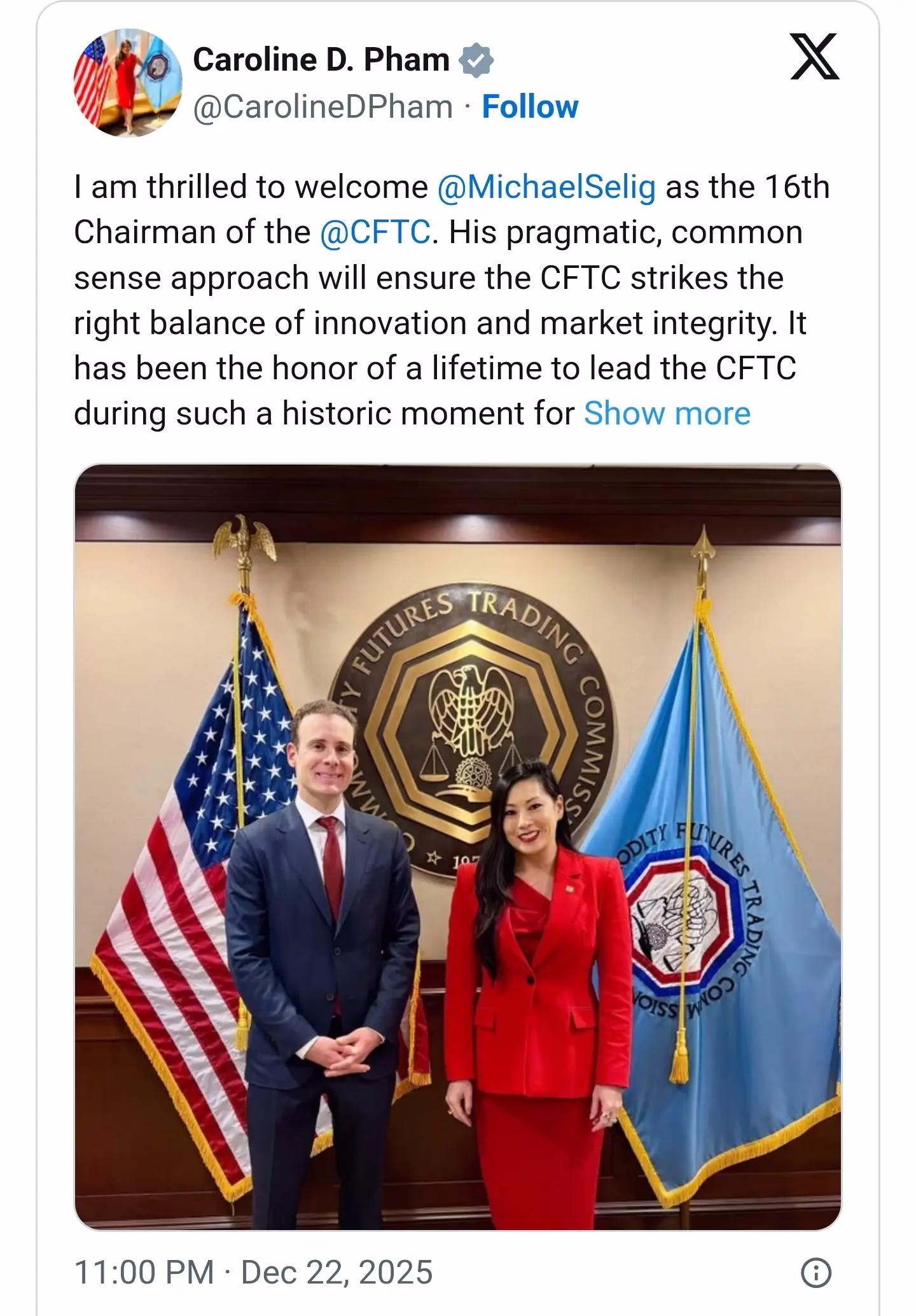 Michael Selig sworn in as CFTC chairman as Caroline Pham exits for MoonPay