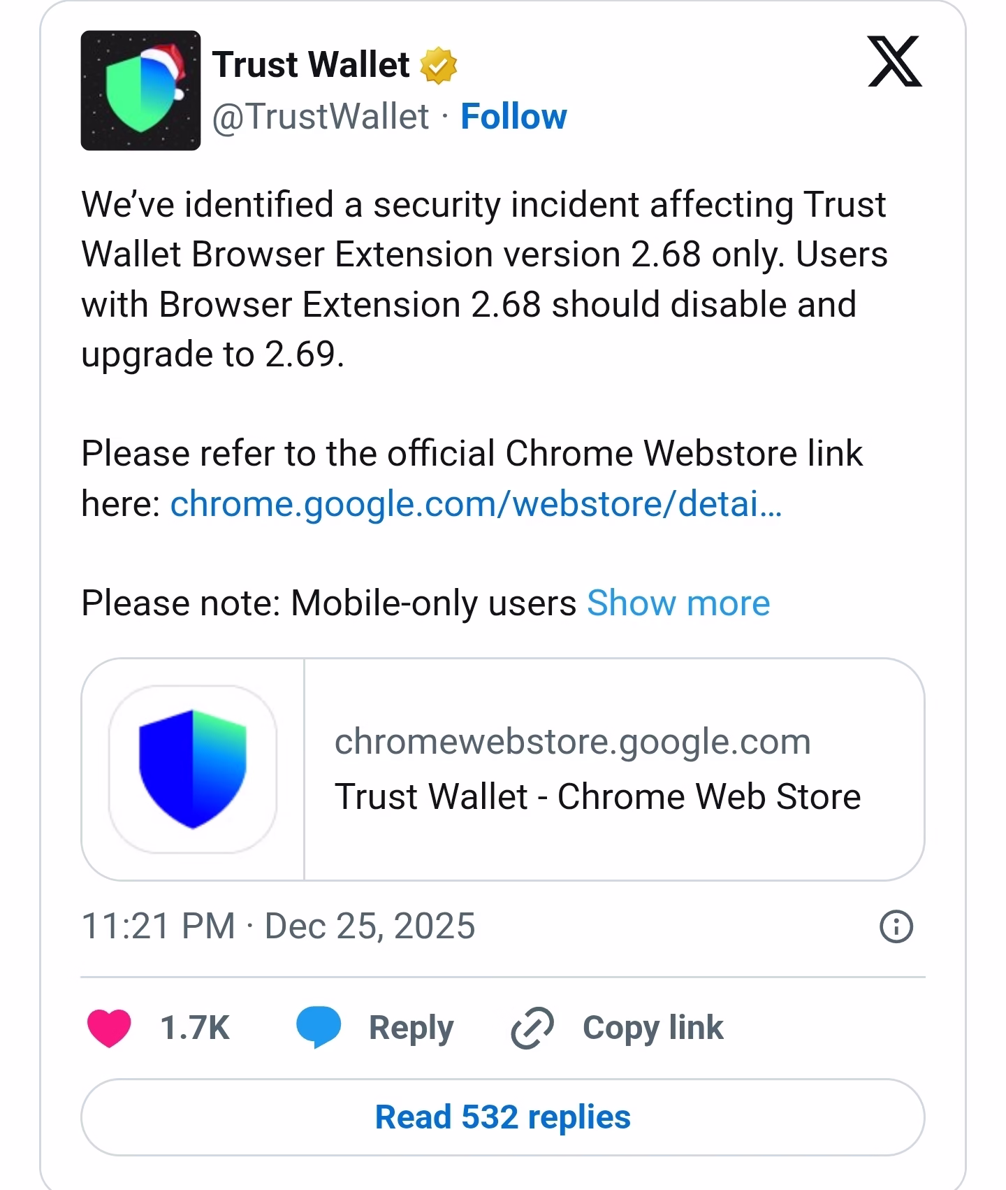 Trust Wallet browser extension hacked, drains $6 million from hundreds of users