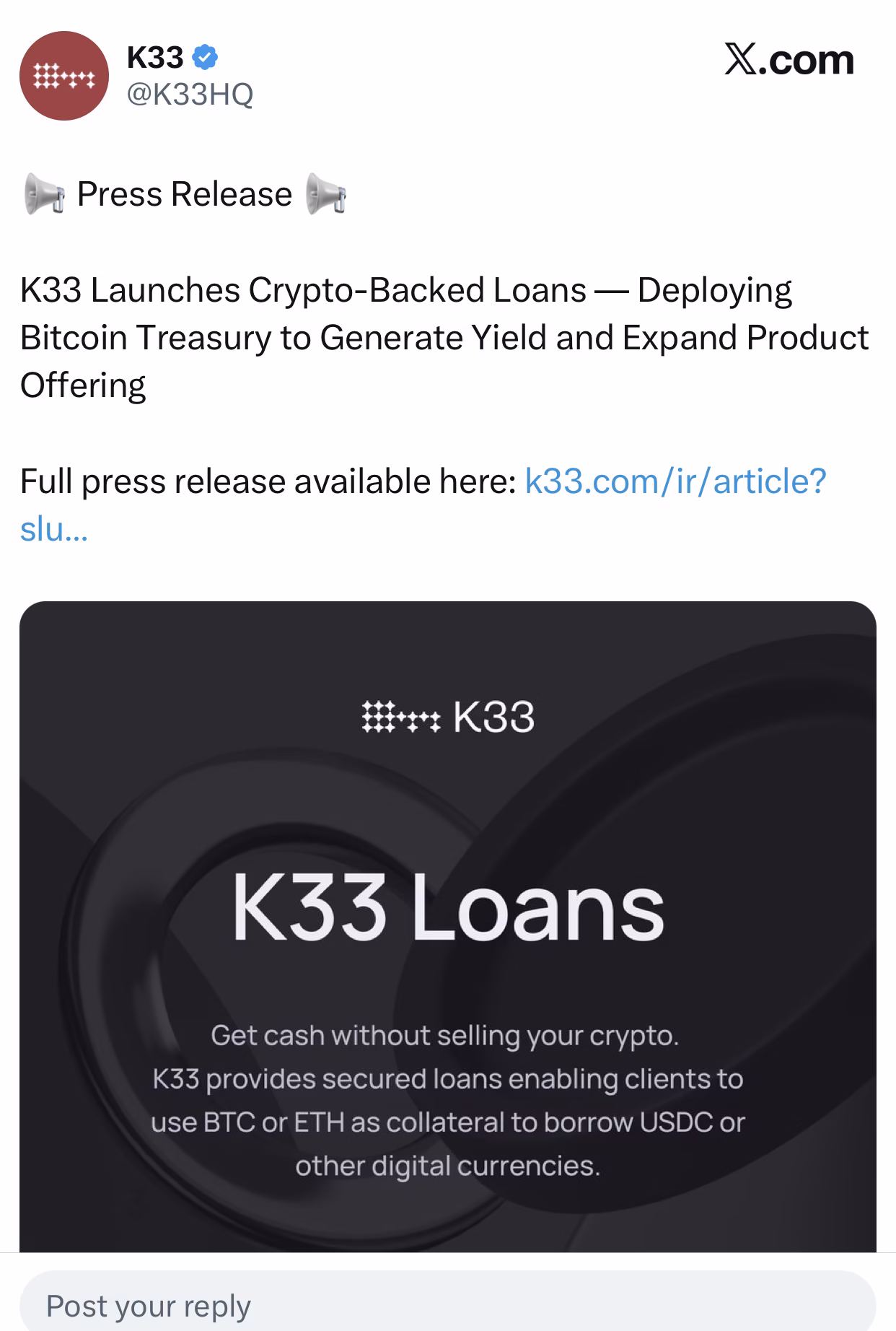 Crypto backed loans | source: X