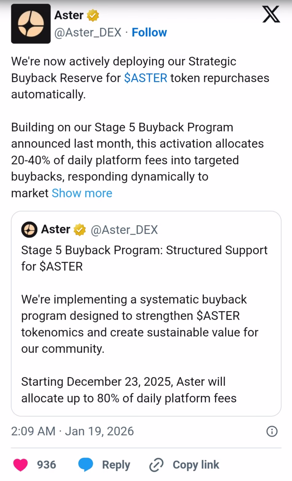 Aster boosts Aster token buyback using up to 40% of daily fees