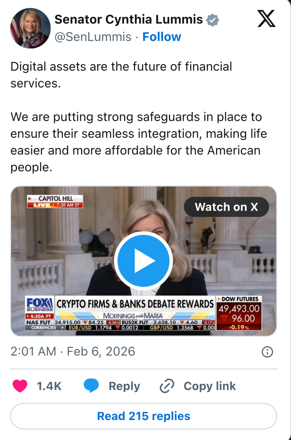 Lummis backs digital assets adoption as new revenue path for banks