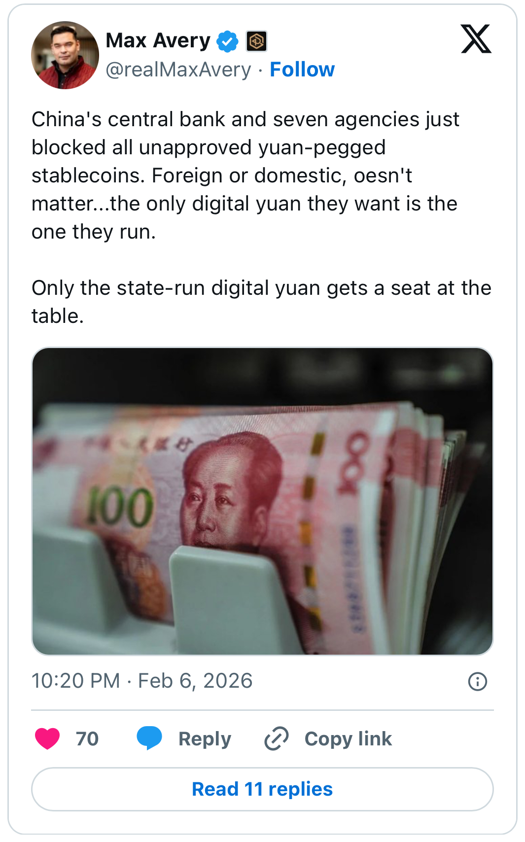 China bans unauthorized yuan-pegged stablecoins as Beijing tightens crypto control