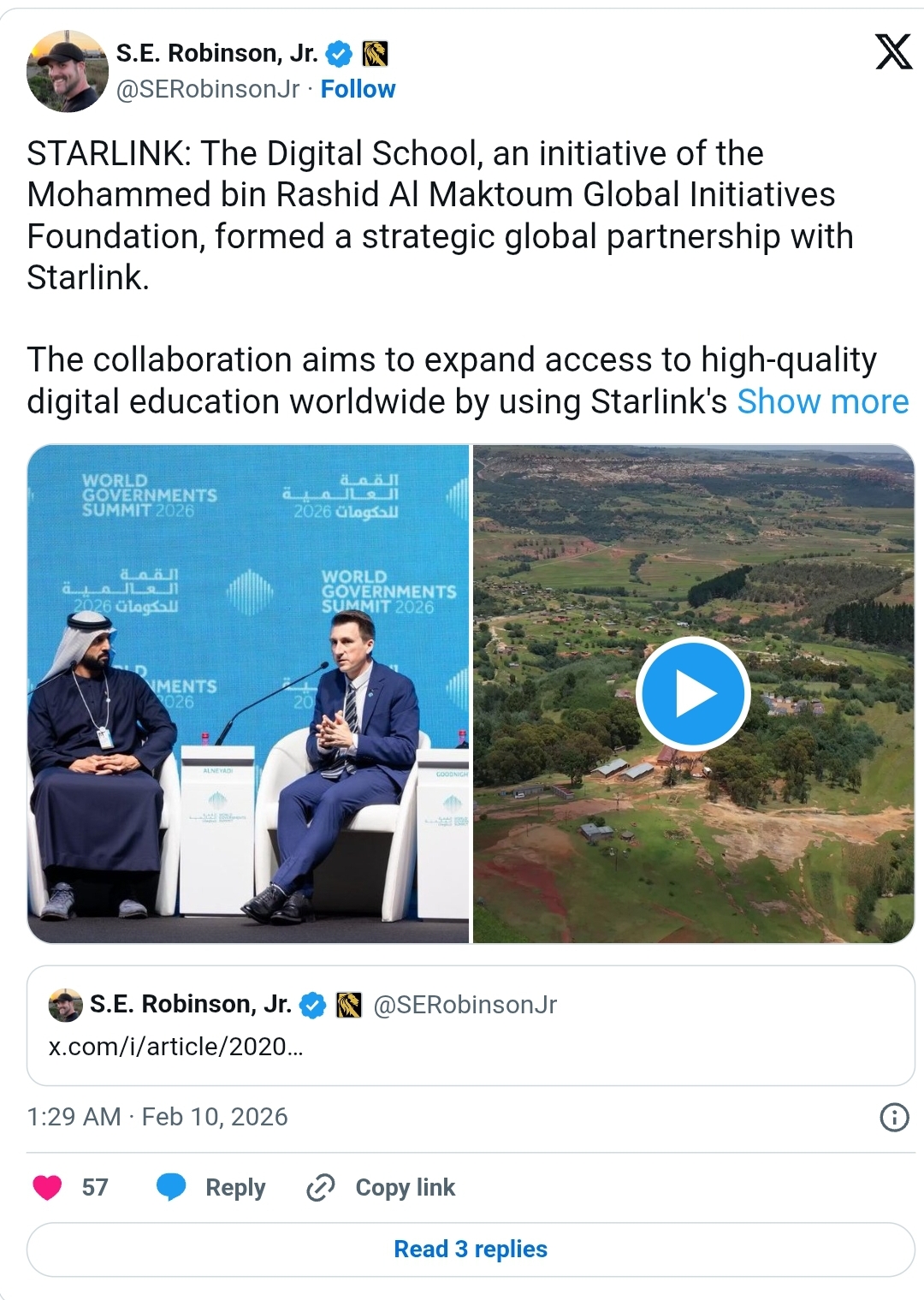 S.E. Robinson, Jr. @SERobinsonJr · Follow STARLINK: The Digital School, an initiative of the Mohammed bin Rashid Al Maktoum Global Initiatives Foundation, formed a strategic global partnership with Starlink. The collaboration aims to expand access to high-quality digital education worldwide by using Starlink's Show more Embedded video S.E. R