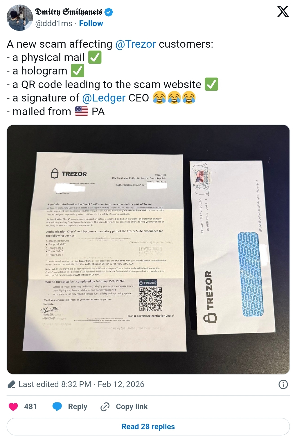 Physical mail phishing scam
