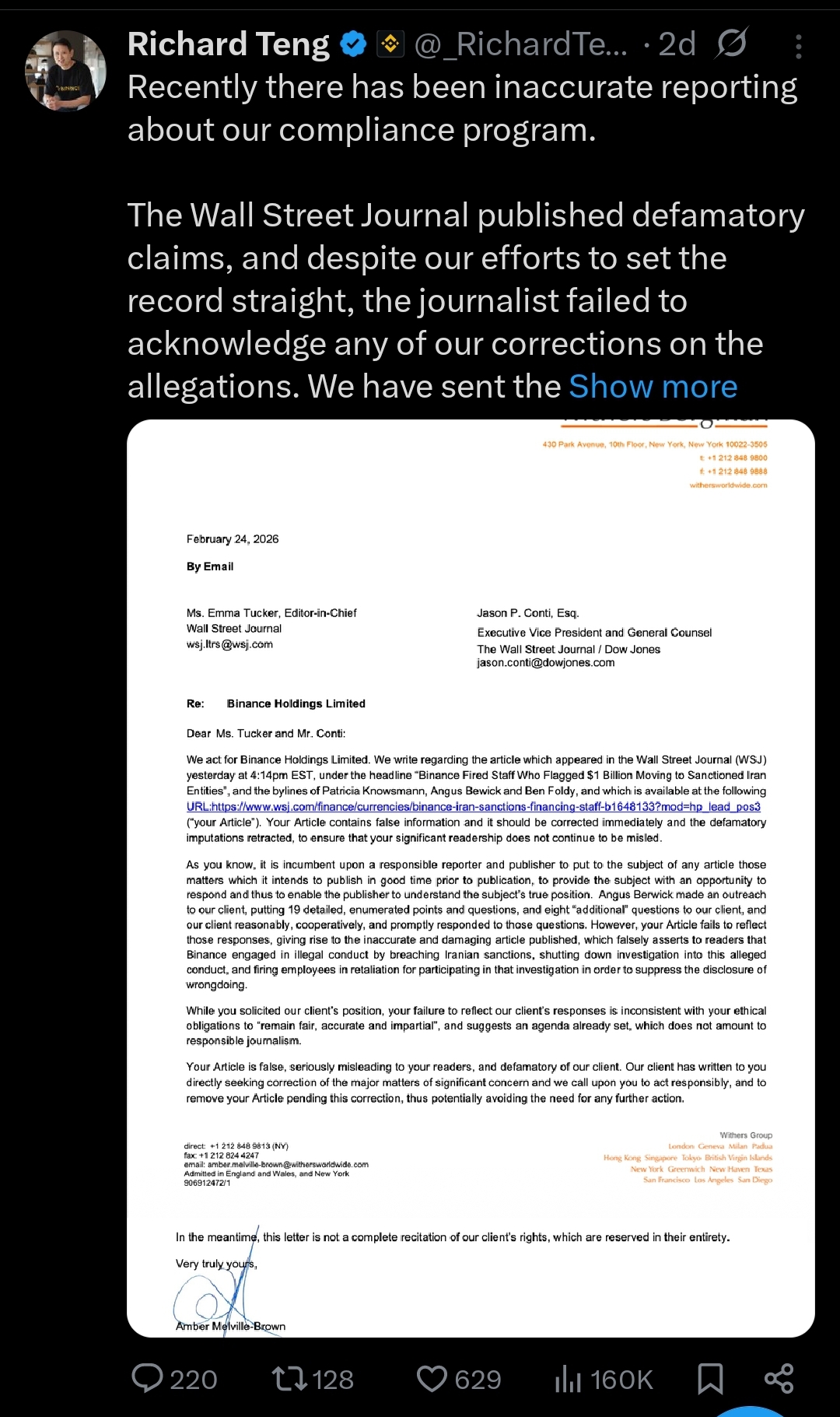 CEO Richard Teng called the WSJ article “defamatory,” demanded retraction, and threatened further action.