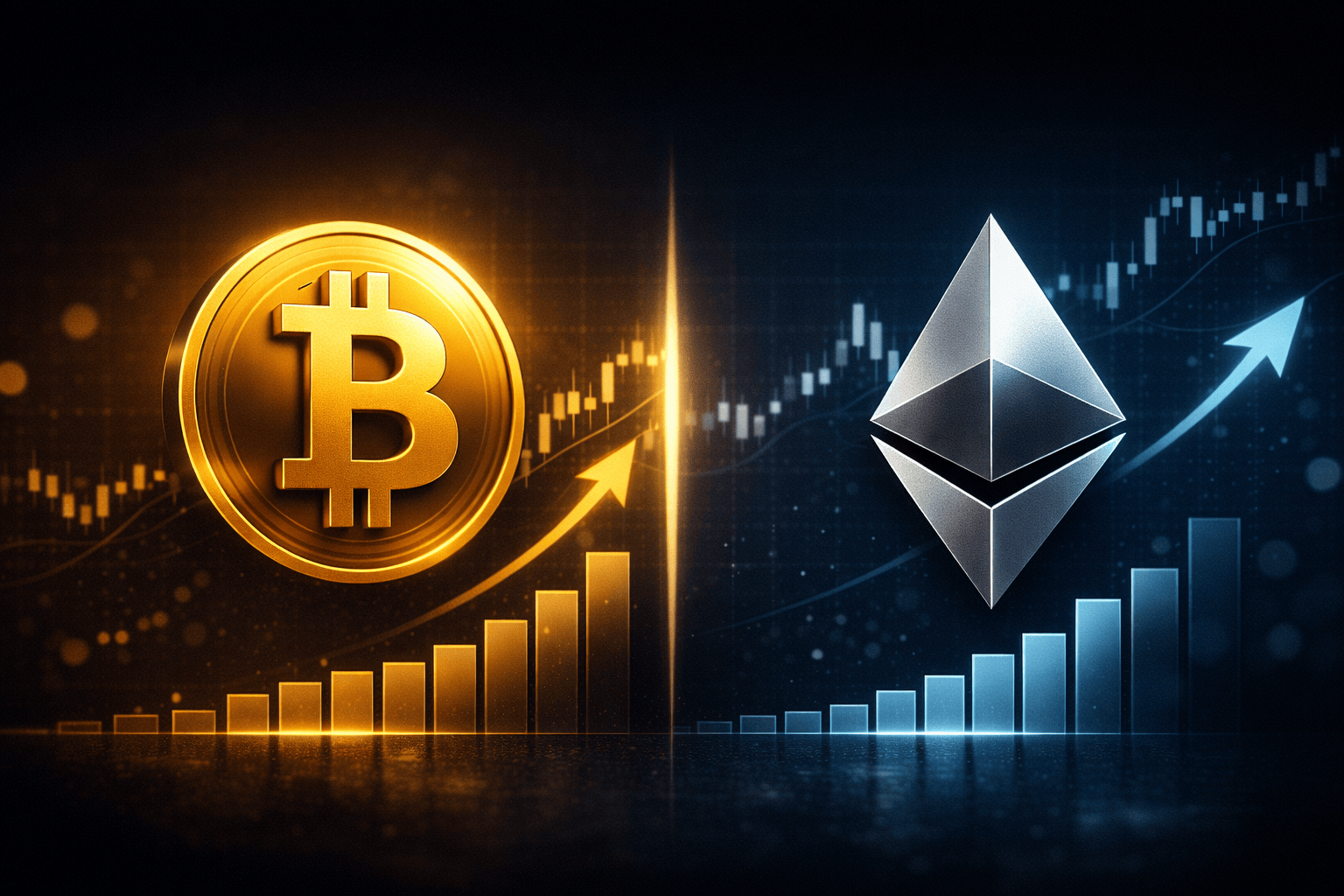 Bitcoin and Ethereum rivalry concept representing the Flippening in cryptocurrency markets.