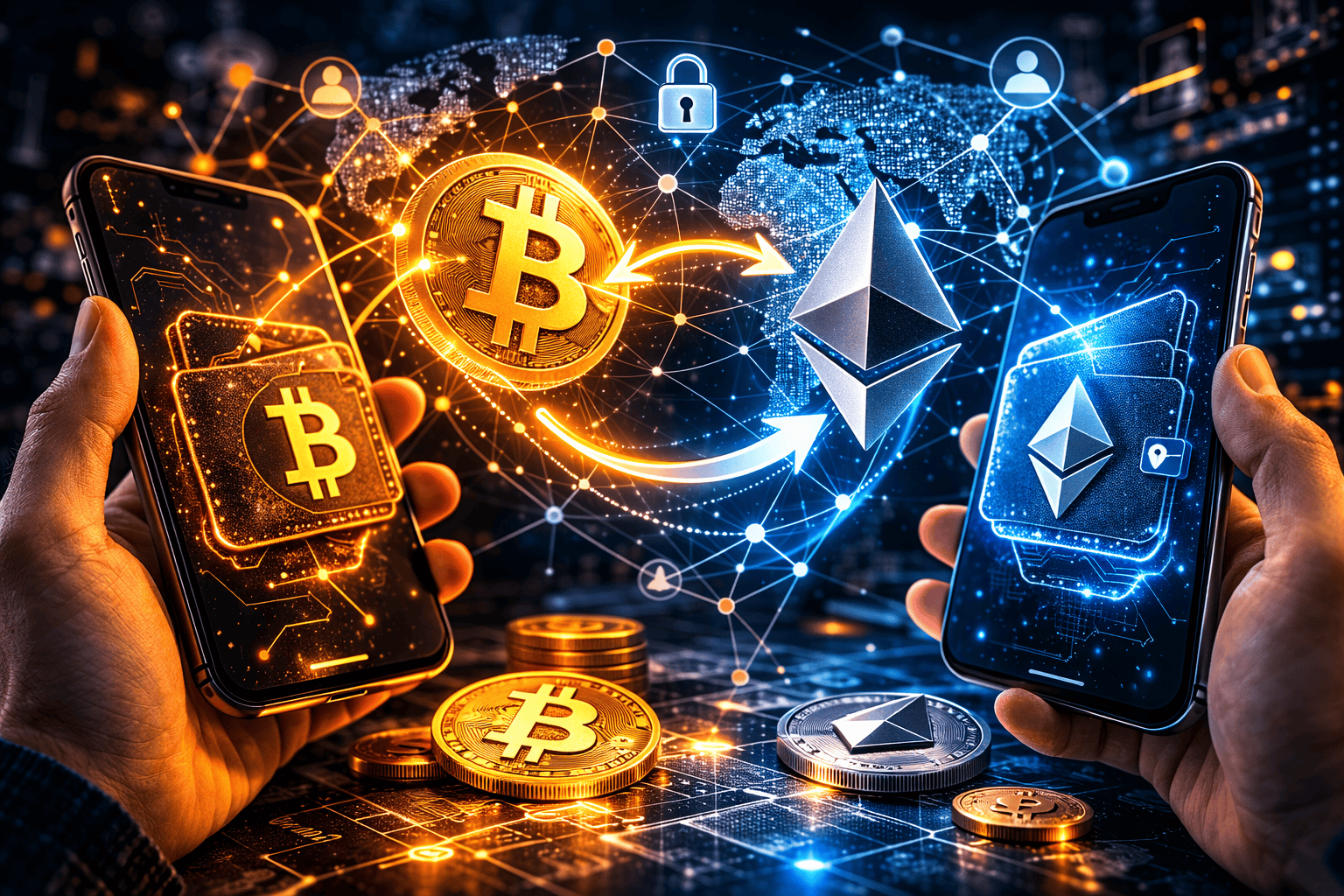 Peer-to-peer cryptocurrency transaction illustration showing digital wallets exchanging crypto across a decentralized blockchain network.
