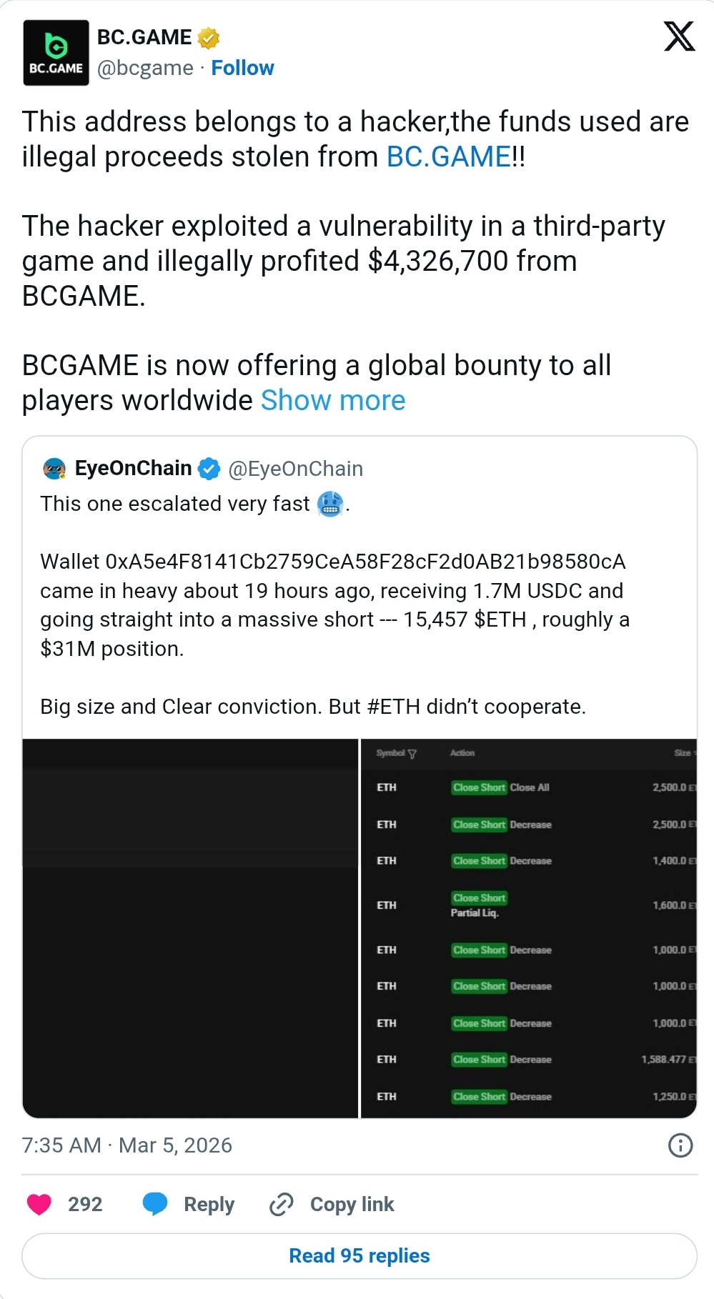 BC.GAME exploit triggers $500,000 bounty hunt