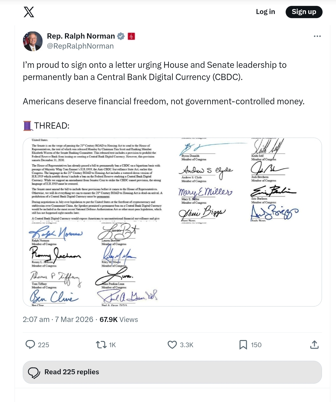 “I’m proud to sign onto a letter urging House and Senate leadership to permanently ban a Central Bank Digital Currency (CBDC). Americans deserve financial freedom, not government-controlled money.” — Ralph Norman, U.S. Representative