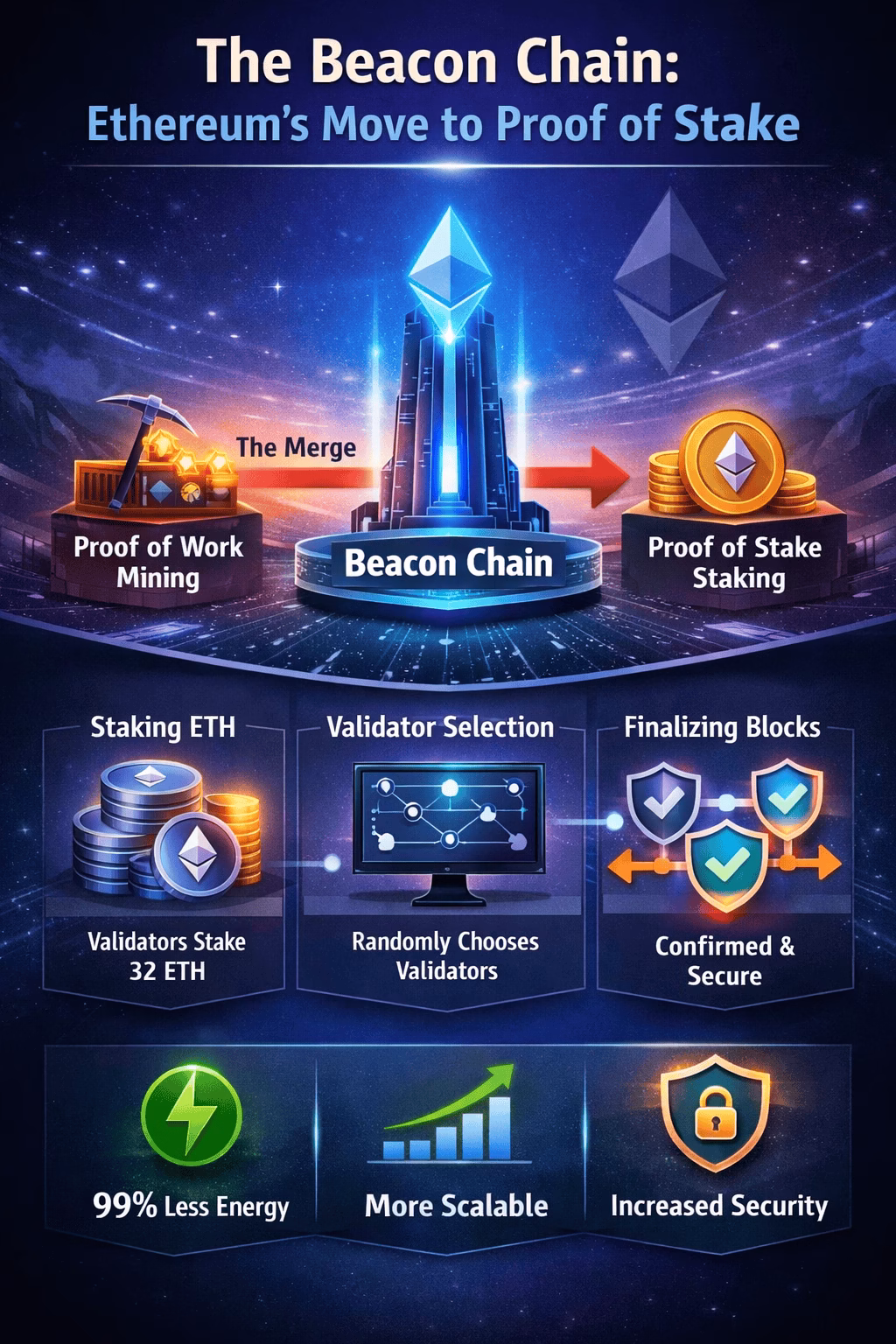 Beacon Chain diagram showing Ethereum transition from Proof of Work mining to Proof of Stake staking with validators and block validation process