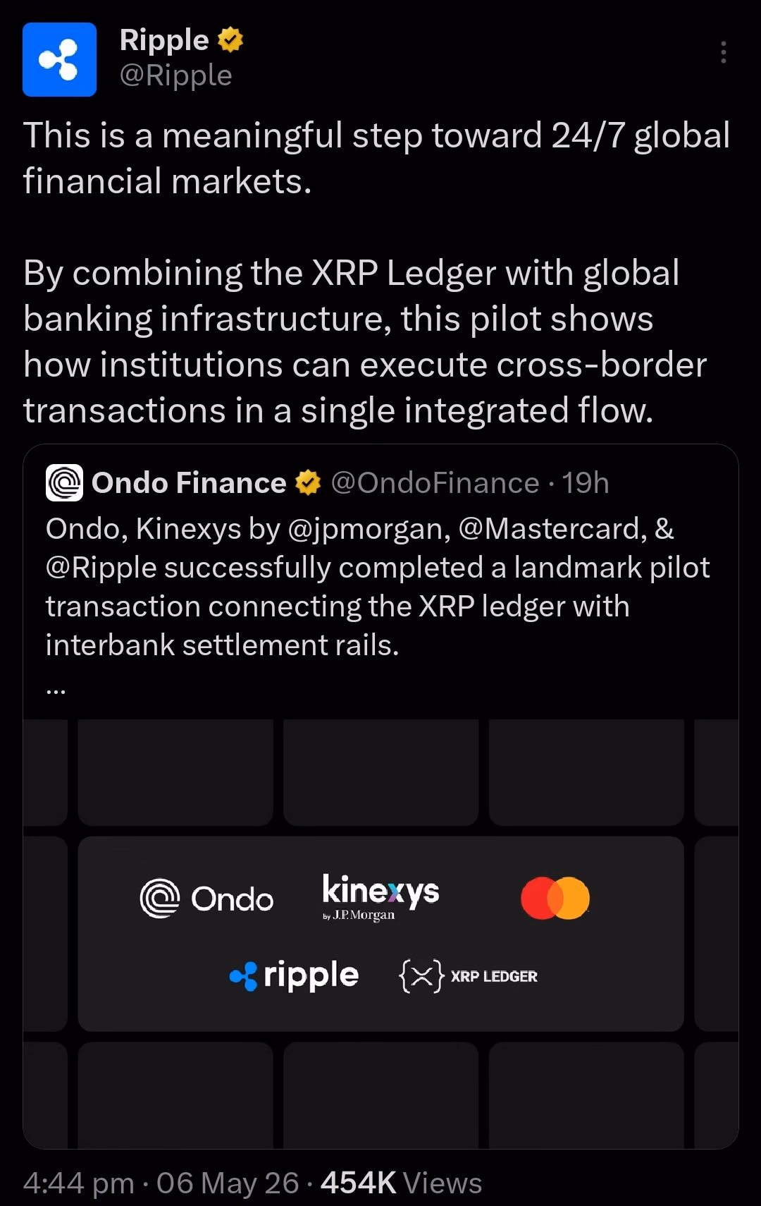 JPMorgan, Mastercard, Ripple and Ondo just settled a tokenized US Treasury transaction on the XRP Ledger outside banking hours