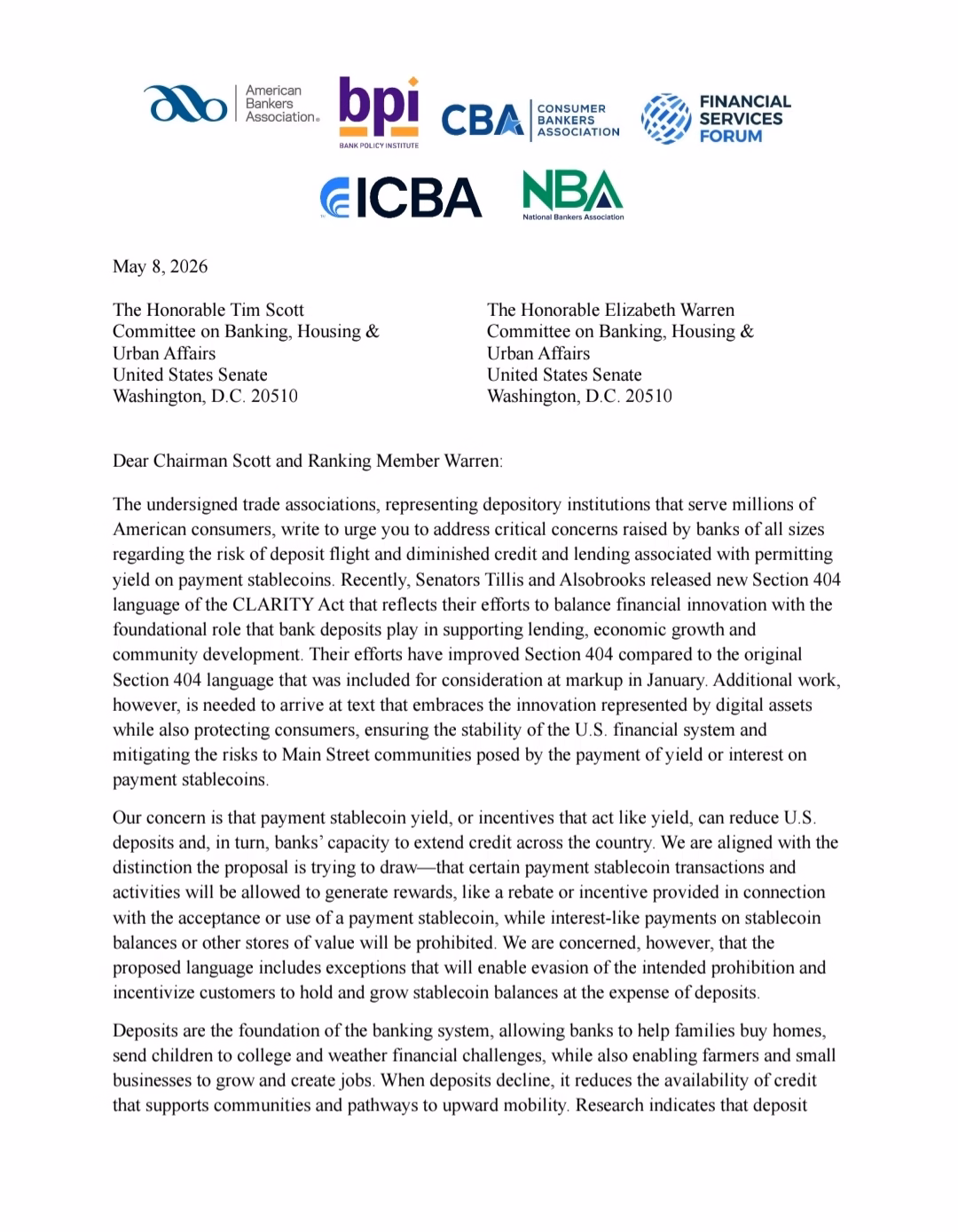 First Page of the letter Joint trades letter regarding Section 404 of the CLARITY Act 