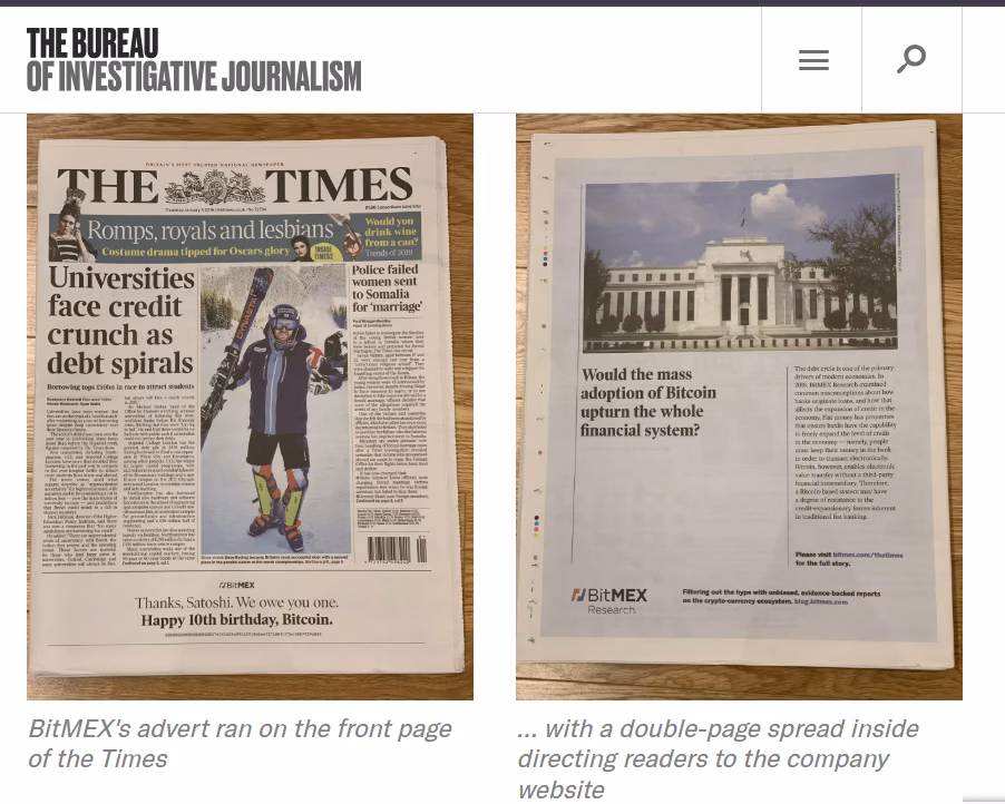BitMEX's ran advert on the front page of the Times… with a double-page spread inside re-directing readers to the company website (TBIJ)